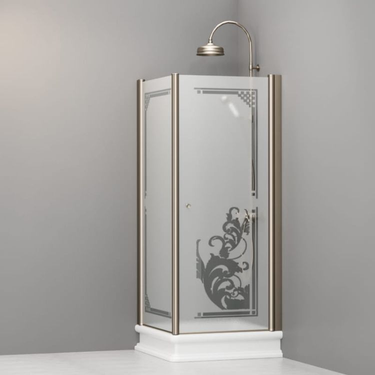 Kabina prysznicowa Retro 80x80 cm z piaskowanym szkłem, ornamentem i profilami bronzo Kerasan 9161P3