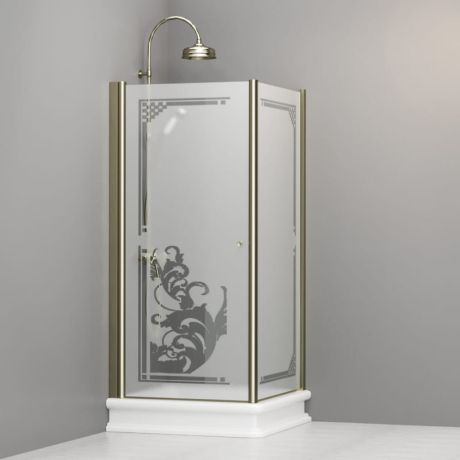 Przejdź do produktu Kabina prysznicowa Retro 90x90 cm z ornamentem na piaskowanym szkle i złotymi profilami Kerasan 9146P1 prawa