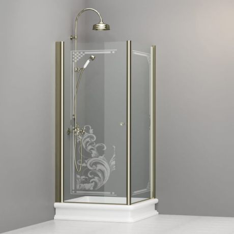 Przejdź do produktu Kabina prysznicowa Retro 90x90 cm z piaskowanym ornamentem i złotymi profilami Kerasan 9146N1 prawa