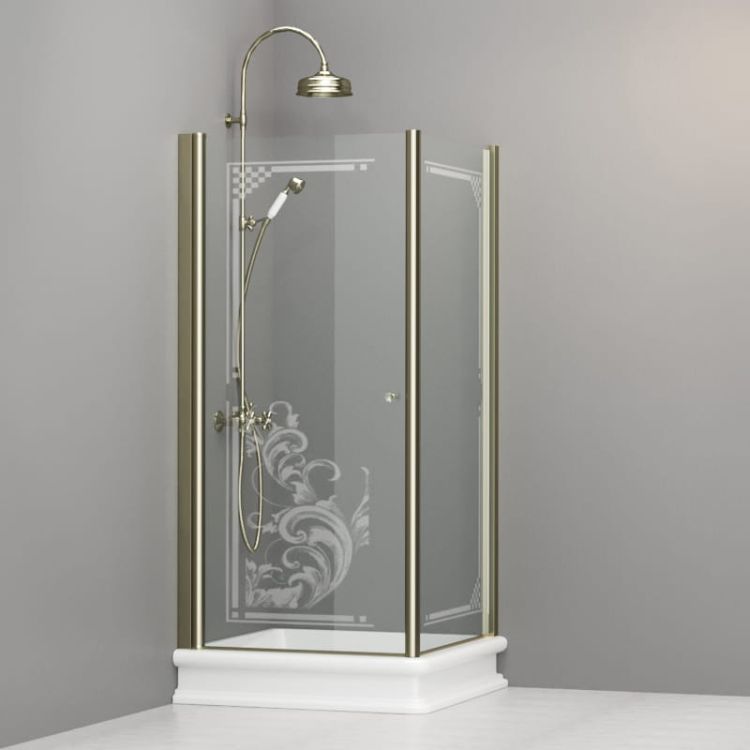 Kabina prysznicowa Retro 90x90 cm z piaskowanym ornamentem i złotymi profilami Kerasan 9146N1 prawa