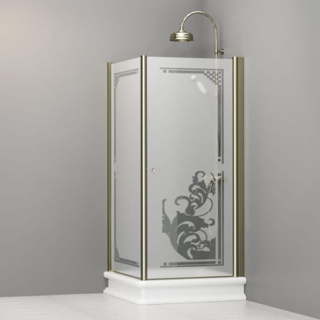 Przejdź do produktu Kabina prysznicowa Retro 90x90 cm z piaskowanym szkłem, ornamentem i złotymi profilami Kerasan 9147P1 lewa