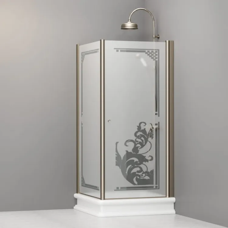 Kabina prysznicowa Retro 90x90 cm z piaskowanym szkłem, ornamentem i profilami bronzo Kerasan 9147P3 lewa
