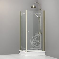 Kabina prysznicowa Retro 90x90 cm z piaskowanym ornamentem i profilami w kolorze złotym Kerasan 9147N1 lewa