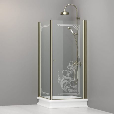 Przejdź do produktu Kabina prysznicowa Retro 90x90 cm z piaskowanym ornamentem i profilami w kolorze złotym Kerasan 9147N1 lewa