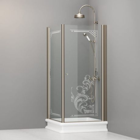 Przejdź do produktu Kabina prysznicowa Retro 90x90 cm z piaskowanym ornamentem i profilami w kolorze bronzo Kerasan 9147N3 lewa