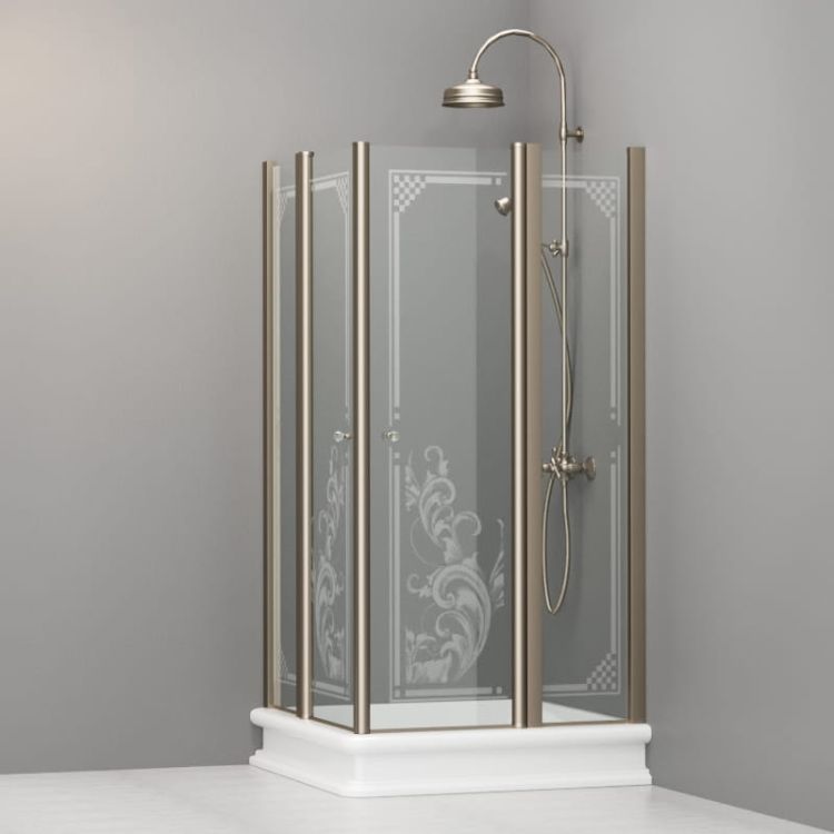 Kabina prysznicowa Retro 100x100 cm z piaskowanym ornamentem i profilami w kolorze bronzo Kerasan 9148N3