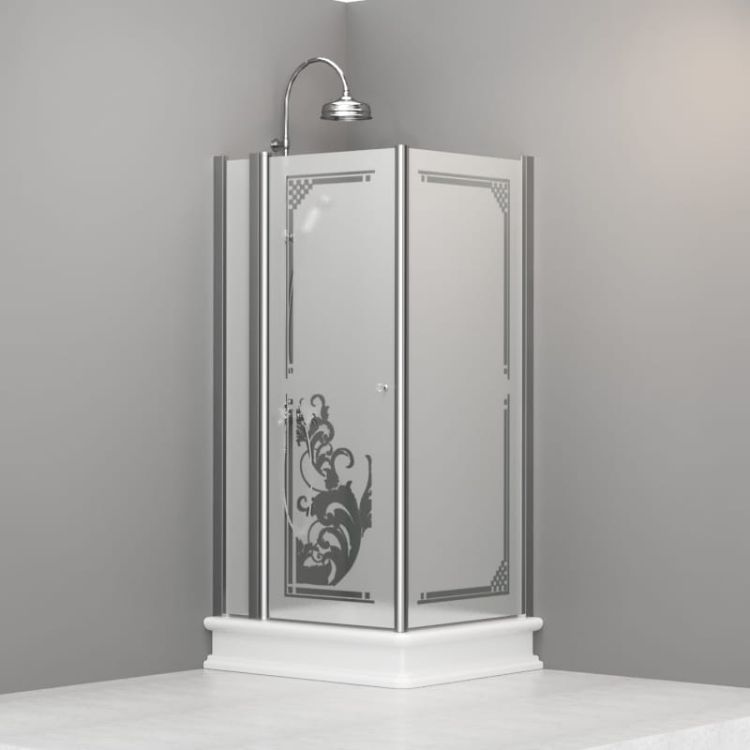 Kabina prysznicowa Retro 80x96 cm prostokątna z piaskowanym szkłem i ornamentem Kerasan 9141P0 chrom prawa
