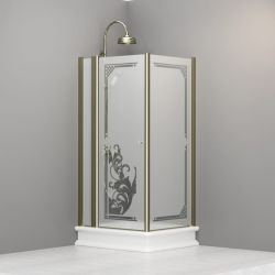 Kabina prysznicowa Retro 80x96 cm prostokątna z piaskowanym szkłem, ornamentem i złotymi profilami Kerasan 9141P1 prawa