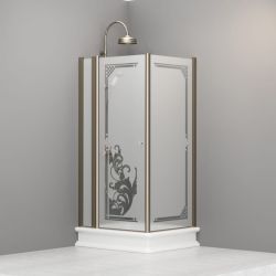 Kabina prysznicowa Retro 80x96 cm prostokątna z piaskowanym szkłem, ornamentem i profilami bronzo Kerasan 9141P3 prawa