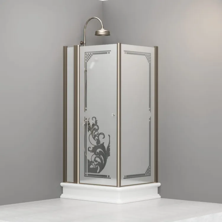 Kabina prysznicowa Retro 80x96 cm prostokątna z piaskowanym szkłem, ornamentem i profilami bronzo Kerasan 9141P3 prawa