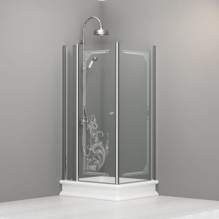 Kabina prysznicowa Retro 80x96 cm prostokątna z piaskowanym ornamentem Kerasan 9141N0 chrom prawa