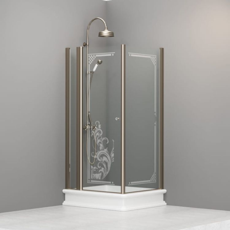 Kabina prysznicowa Retro 80x96 cm prostokątna z piaskowanym ornamentem i profilami bronzo Kerasan 9141N3 prawa