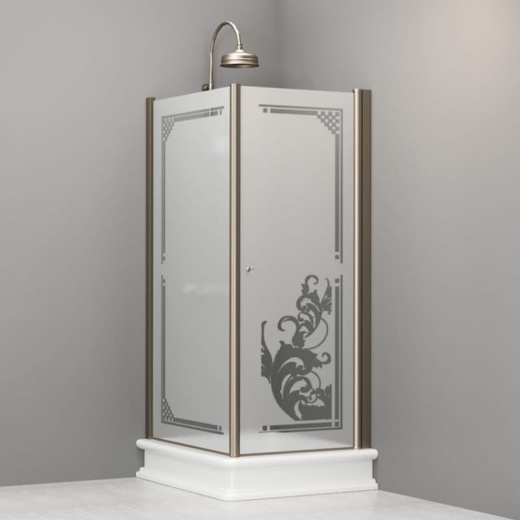 Kabina prysznicowa Retro 80x96 cm prostokątna z piaskowanym szkłem, ornamentem i profilami w kolorze bronzo Kerasan 9143P3 lewa