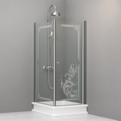Kabina prysznicowa Retro 80x96 cm prostokątna z piaskowanym ornamentem na szkle Kerasan 9143N0 chrom lewa