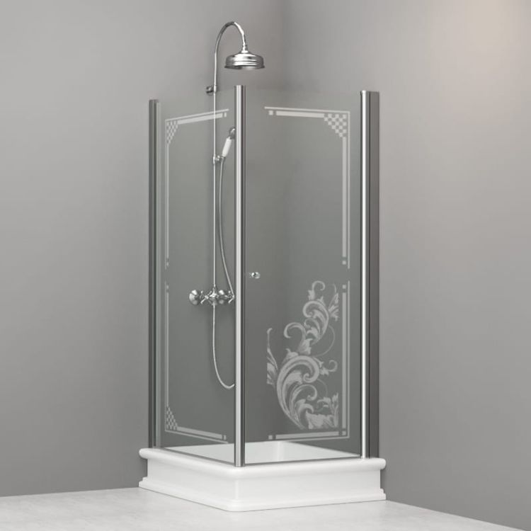 Kabina prysznicowa Retro 80x96 cm prostokątna z piaskowanym ornamentem na szkle Kerasan 9143N0 chrom lewa