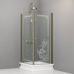 Kabina prysznicowa Retro 80x96 cm prostokątna z piaskowanym ornamentem na szkle i złotymi profilami Kerasan 9143N1 lewa