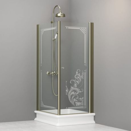 Przejdź do produktu Kabina prysznicowa Retro 80x96 cm prostokątna z piaskowanym ornamentem na szkle i złotymi profilami Kerasan 9143N1 lewa