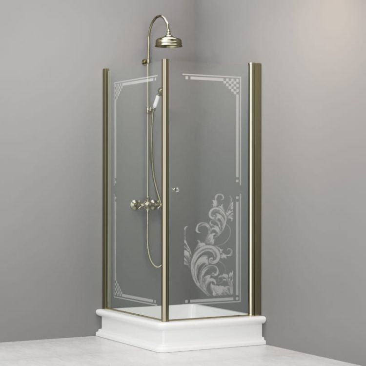 Kabina prysznicowa Retro 80x96 cm prostokątna z piaskowanym ornamentem na szkle i złotymi profilami Kerasan 9143N1 lewa