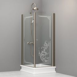 Kabina prysznicowa Retro 80x96 cm prostokątna z piaskowanym ornamentem na szkle i profilami w kolorze bronzo Kerasan 9143N3 lewa