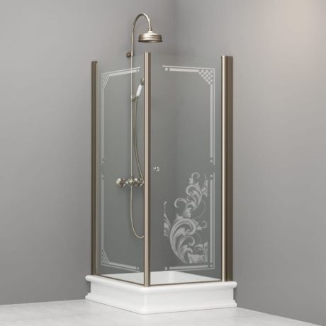 Przejdź do produktu Kabina prysznicowa Retro 80x96 cm prostokątna z piaskowanym ornamentem na szkle i profilami w kolorze bronzo Kerasan 9143N3 lewa
