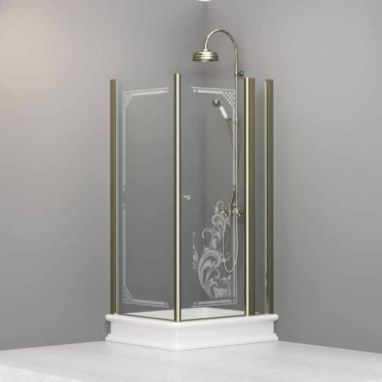 Kabina prysznicowa Retro 80x96 cm prostokątna z piaskowanym ornamentem i profilami w kolorze złotym Kerasan 9142N1 lewa