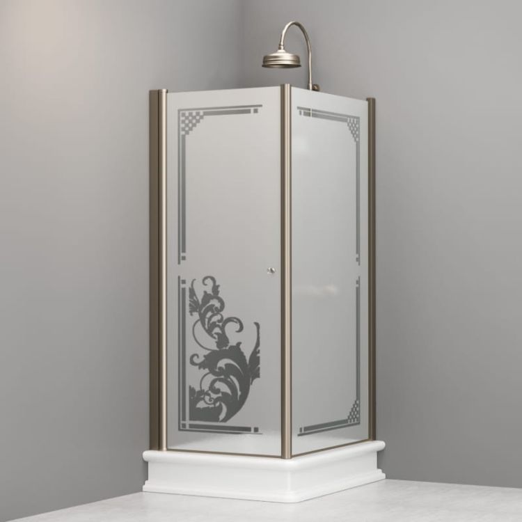 Kabina prysznicowa Retro prostokątna 80x96 cm z ornamentem na piaskowanym szkle i profilami bronzo Kerasan 9144P3 prawa