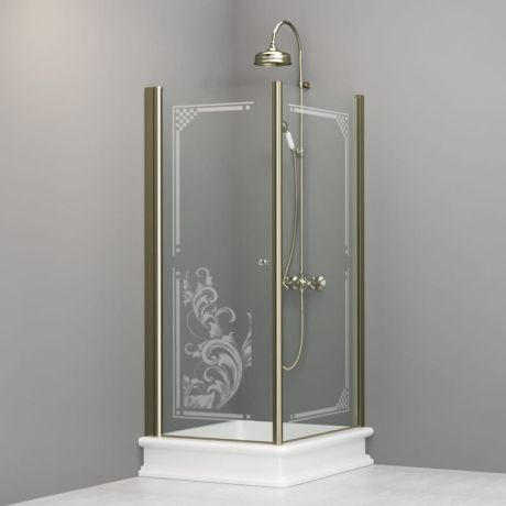 Przejdź do produktu Kabina prysznicowa Retro prostokątna 80x96 cm z piaskowanym ornamentem i złotymi profilami Kerasan 9144N1 prawa