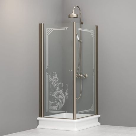 Przejdź do produktu Kabina prysznicowa Retro prostokątna 80x96 cm z piaskowanym ornamentem i profilami bronzo Kerasan 9144N3 prawa