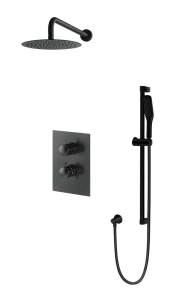 Kompletny zestaw prysznicowy podtynkowy okrągła deszczownica 30 cm z baterią podtynkową termostatyczną i słuchawką prysznicową na drążku Vedo Desso Nero VBD4224CZ/30/TERMO czarny mat