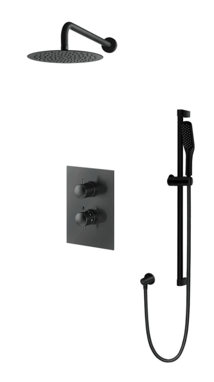 Kompletny zestaw prysznicowy podtynkowy okrągła deszczownica 30 cm z baterią podtynkową termostatyczną i słuchawką prysznicową na drążku Vedo Desso Nero VBD4224CZ/30/TERMO czarny mat