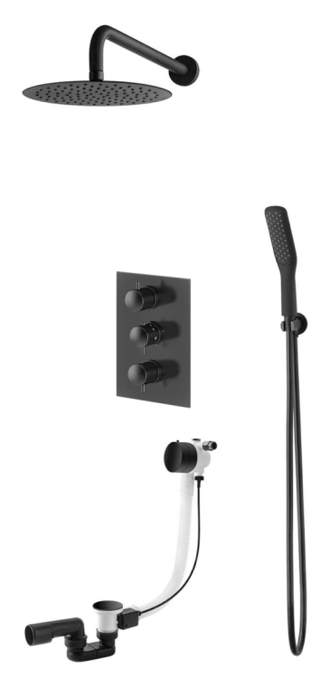 Kompletny zestaw wannowo-prysznicowy podtynkowy okrągła deszczownica 25 cm z baterią podtynkową, słuchawką prysznicową i korkiem automatycznym Vedo Desso Nero VBD4232CZ/25 TERMO czarny mat