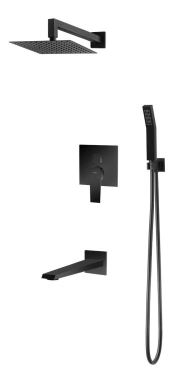 Zestaw prysznicowy podtynkowy kwadratową deszczownica 25 cm z baterią podtynkową, słuchawką prysznicową i wylewką Vedo Sette Nero VBS7231CZ/25 czarny mat