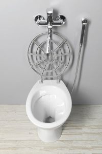 Zlew ceramiczny stojący z rusztem 36x47 cm, odpływ pionowy, biały