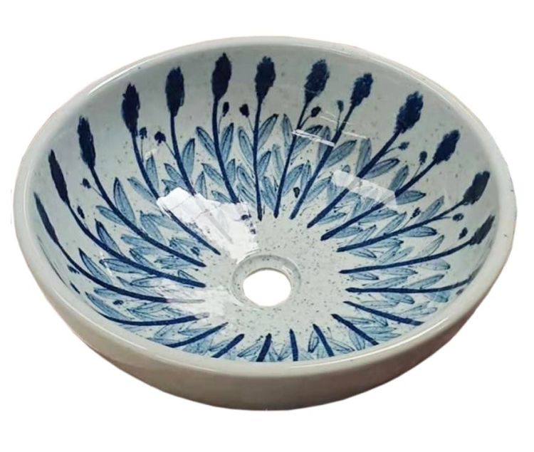 PRIORI umywalka ceramiczna, średnica 41 cm, biała z niebieskim wzorem