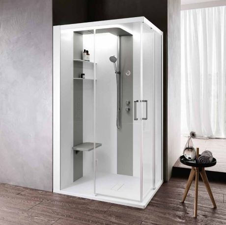 Przejdź do produktu Kabina multifunkcyjna z hydromasażem 120x218x80 cm Novellini Skill A SKIA129DM1F-1AN3 biały połysk/perłowy szary