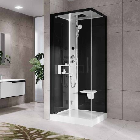 Przejdź do produktu Kabina multifunkcyjna z sauną, hydromasażem i dachem 90x215x90 cm Novellini Glax 2 2.0 G+F G22GF90SM5-1HU czarny lewa
