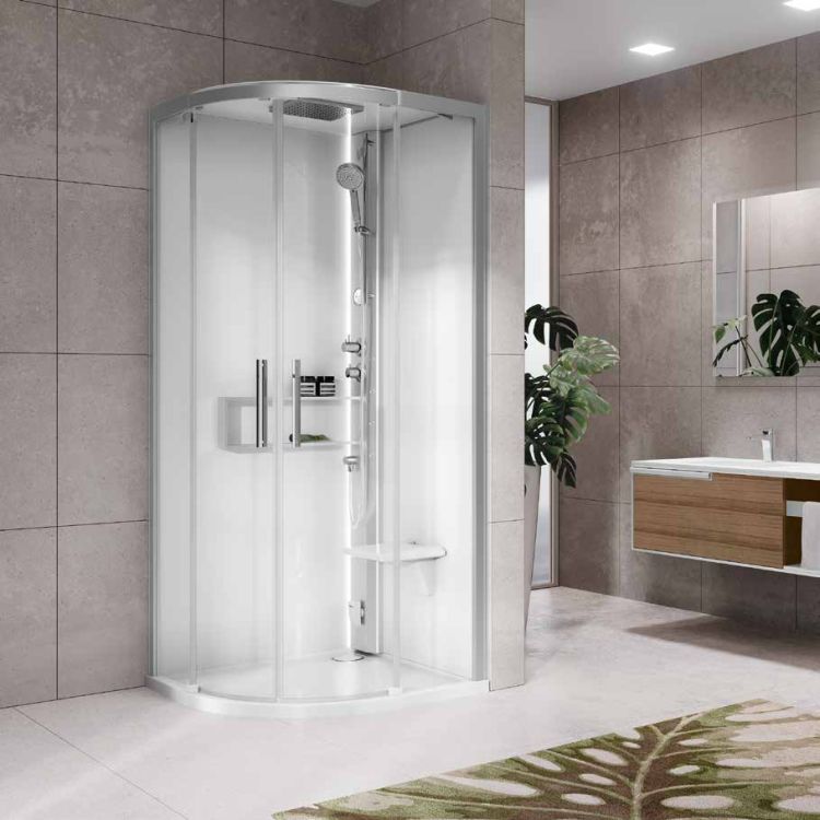Kabina multifunkcyjna półokrągła z sauną, hydromasażem i dachem 90x215x90 cm Novellini Glax 2 2.0 R G22R90M5-1BB srebrny