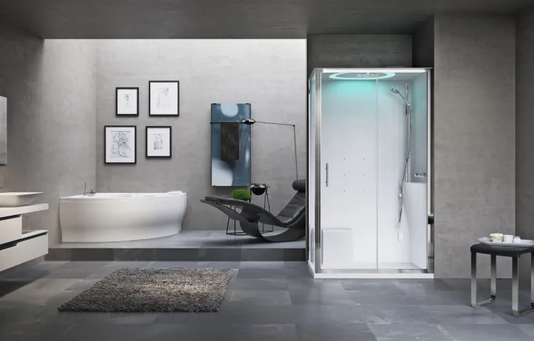 Kabina multifunkcyjna z dachem i hydromasażem 120x221x90 cm Novellini Eon 2P EON2P299DM1F-1UB prawa biały mat/srebrny