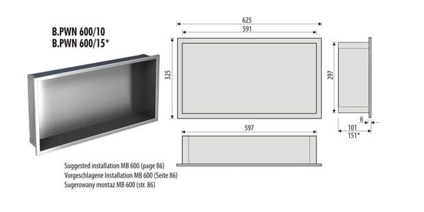 Półka łazienkowa wnękowa do zabudowy 62,5x32,5x10 cm ze stali nierdzewnej kołnierz typu Bend MCJ B. PWN 600/10