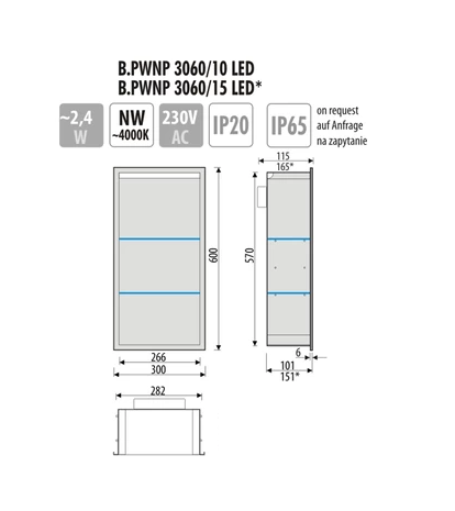 Półka łazienkowa wnękowa do zabudowy 30x57x10 cm ze stali nierdzewnej z oświetleniem LED kołnierz typu Bend MCJ B.PWNP LED 3060/10