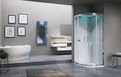Przejdź do produktu Kabina multifunkcyjna półokrągła z dachem, hydromasażem i oświetleniem LED 90x221x90 cm Novellini Eon R EONR99M1F-1UK biały mat/chrom