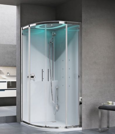 Przejdź do produktu Kabina multifunkcyjna półokrągła z dachem, hydromasażem i sauną parową 90x230x90 cm Novellini Eon R EONR90M1N-1UK biały mat/chrom