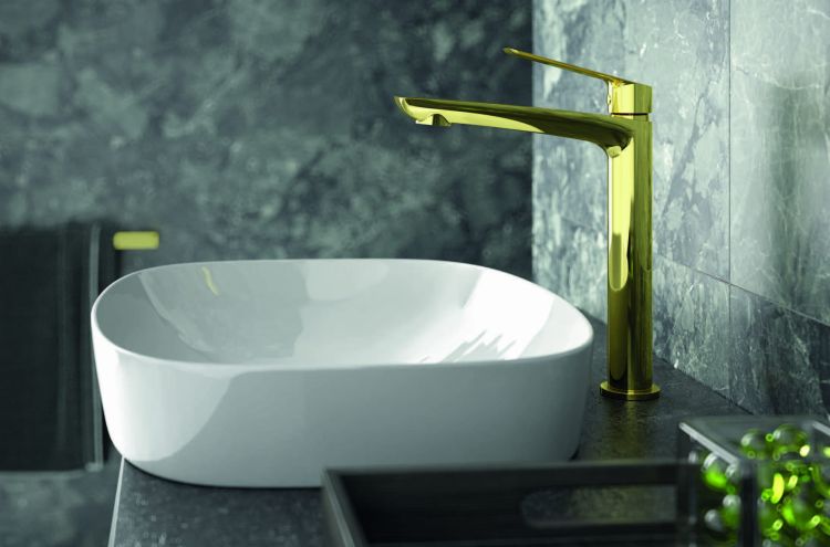 Bateria umywalkowa wysoka w złotym kolorze 28,5 cm z korkiem klik-klak Vedo Desso Oro VBD4003/C/ZL