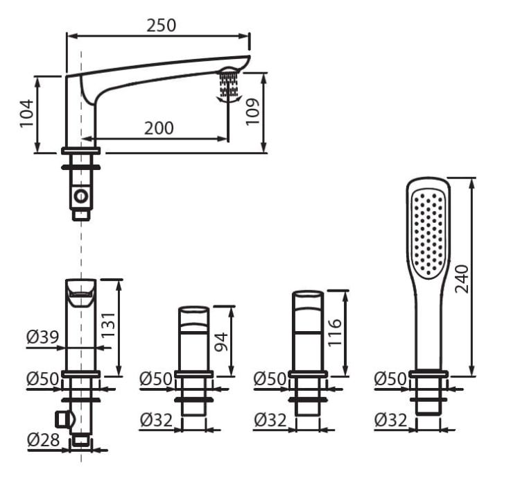 Bateria wannowa 4-otworowa w złotym kolorze Vedo Desso Oro VBD4040/ZL