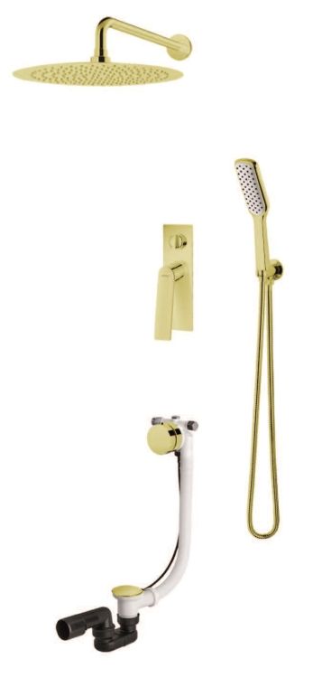 Kompletny zestaw wannowo-prysznicowy podtynkowy w złotym kolorze z okrągłą deszczownicę 25 cm, baterią podtynkową, słuchawką prysznicową i przelewem wannowym z korkiem automatycznym Vedo Desso Oro VBD4232/25/ZL
