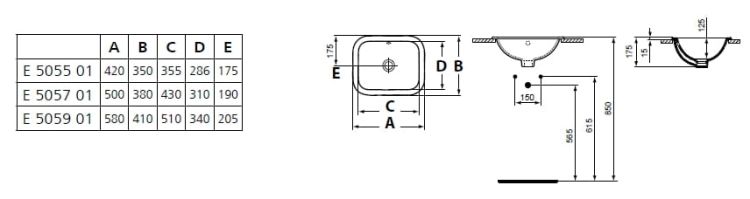 Umywalka prostokątna wpuszczana w blat 42x35 cm Ideal Standard Connect E505501 rysunek techniczny
