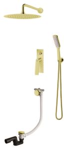Kompletny zestaw wannowo-prysznicowy podtynkowy w złotym kolorze z okrągłą deszczownicą 25 cm, baterią podtynkową, słuchawką prysznicową i przelewem wannowym z korkiem klik-klak Vedo Desso Oro VBD4233/25/ZL