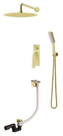 Przejdź do produktu Kompletny zestaw wannowo-prysznicowy podtynkowy w złotym kolorze z okrągłą deszczownicą 25 cm, baterią podtynkową, słuchawką prysznicową i przelewem wannowym z korkiem klik-klak Vedo Desso Oro VBD4233/25/ZL