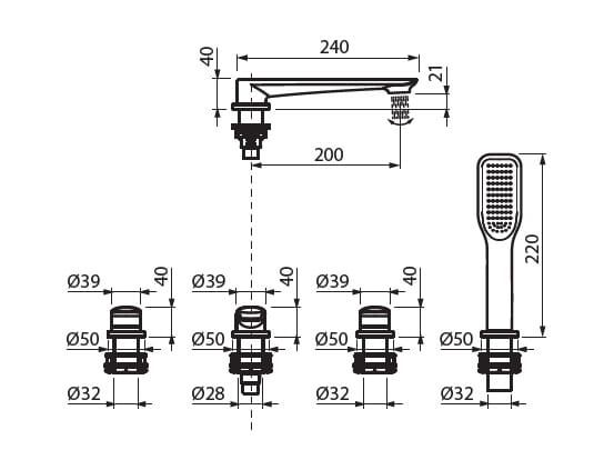 Bateria wannowa 4-otworowa ze słuchawką prysznicową i wylewką Vedo Aletta Nero VBA5040/CZ czarny mat