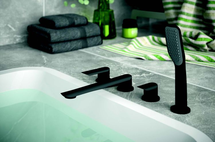 Bateria wannowa 4-otworowa ze słuchawką prysznicową i wylewką Vedo Aletta Nero VBA5040/CZ czarny mat